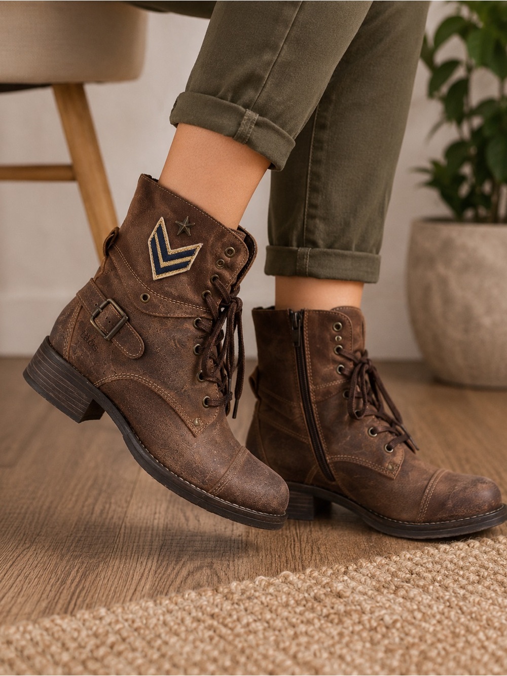 Taos Footwear Brown Suede Combat Boots with Navy & Cream Chevron Patch - Picture 3 of 3